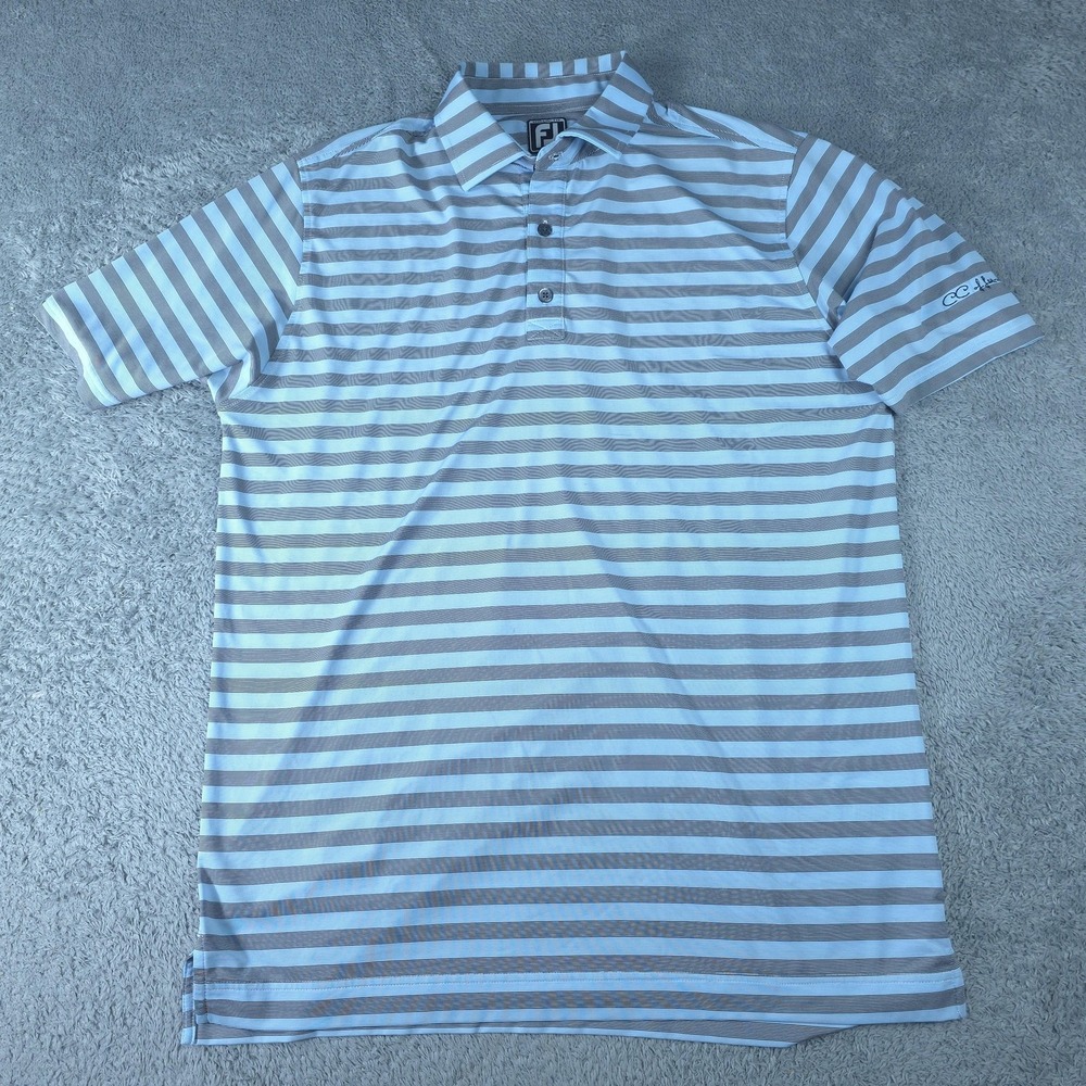FootJoy Polo Shirt Mens Large Blue Striped CC Leawood Golf Performance Stretch